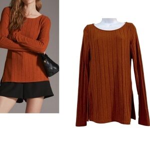 Anthropologie Ribbed Tunic Top Small Side-Slit Pullover Burnt Orange Neutral